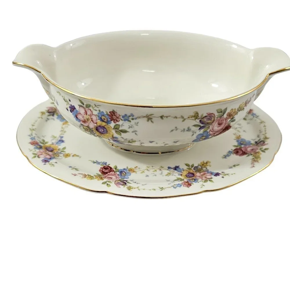Imperial Bohemian Fine China Floral Print Gravy Boat w/Underplate Czechoslovakia